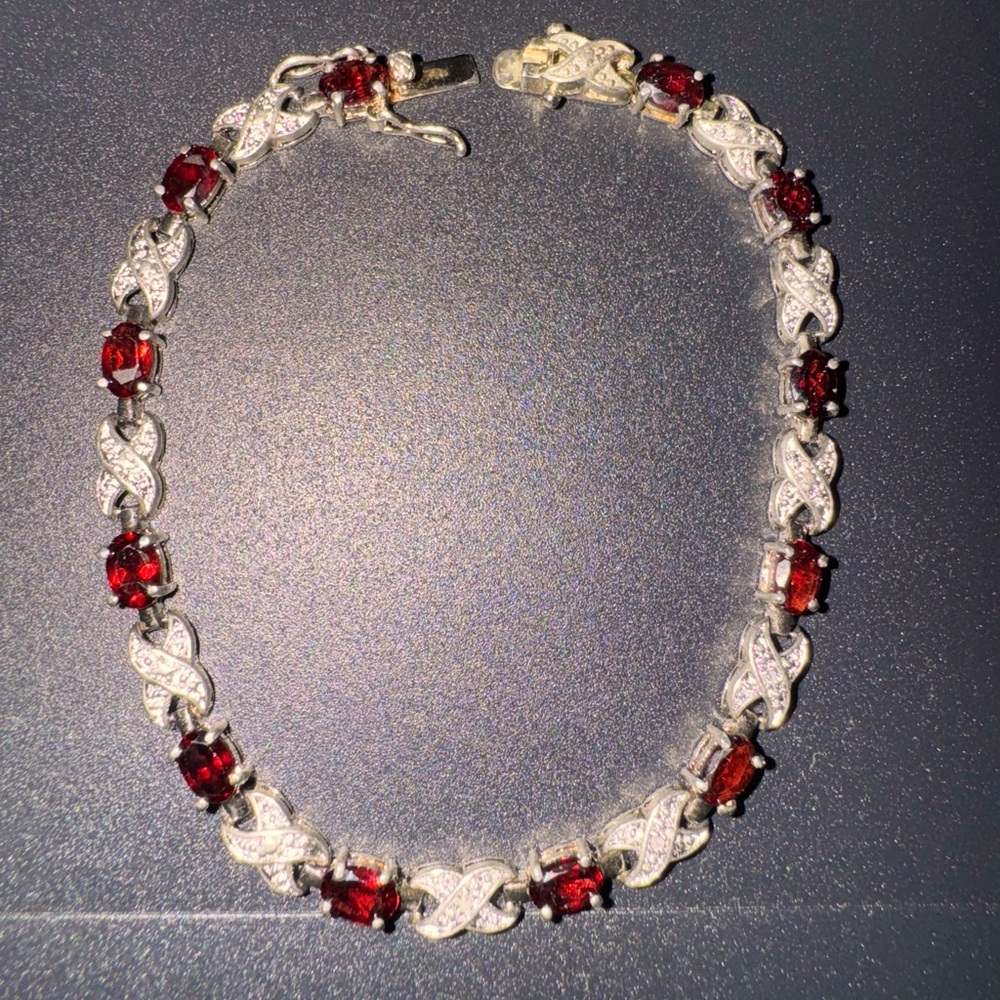 Vintage JCC Ruby, CZ & Sterling Tennis Bracelet 9"